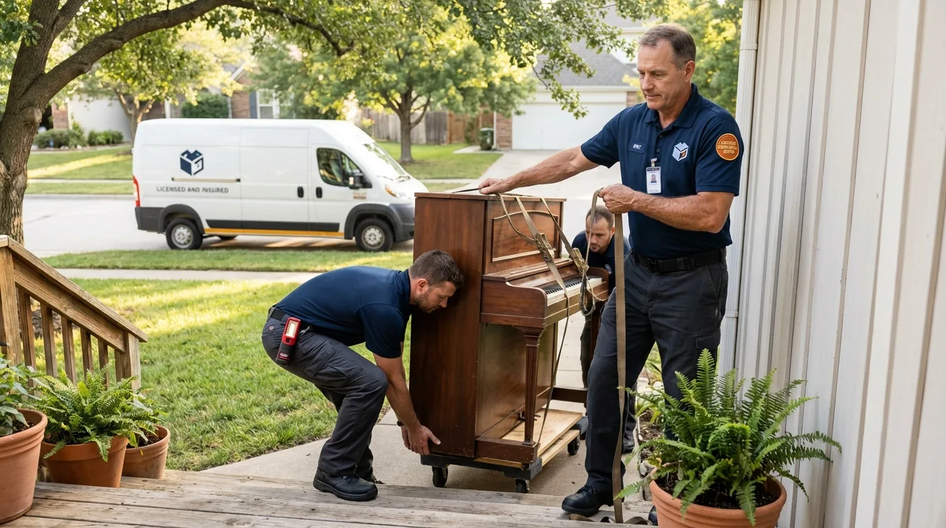 Licensed piano movers securing grand piano in Putnam, CT