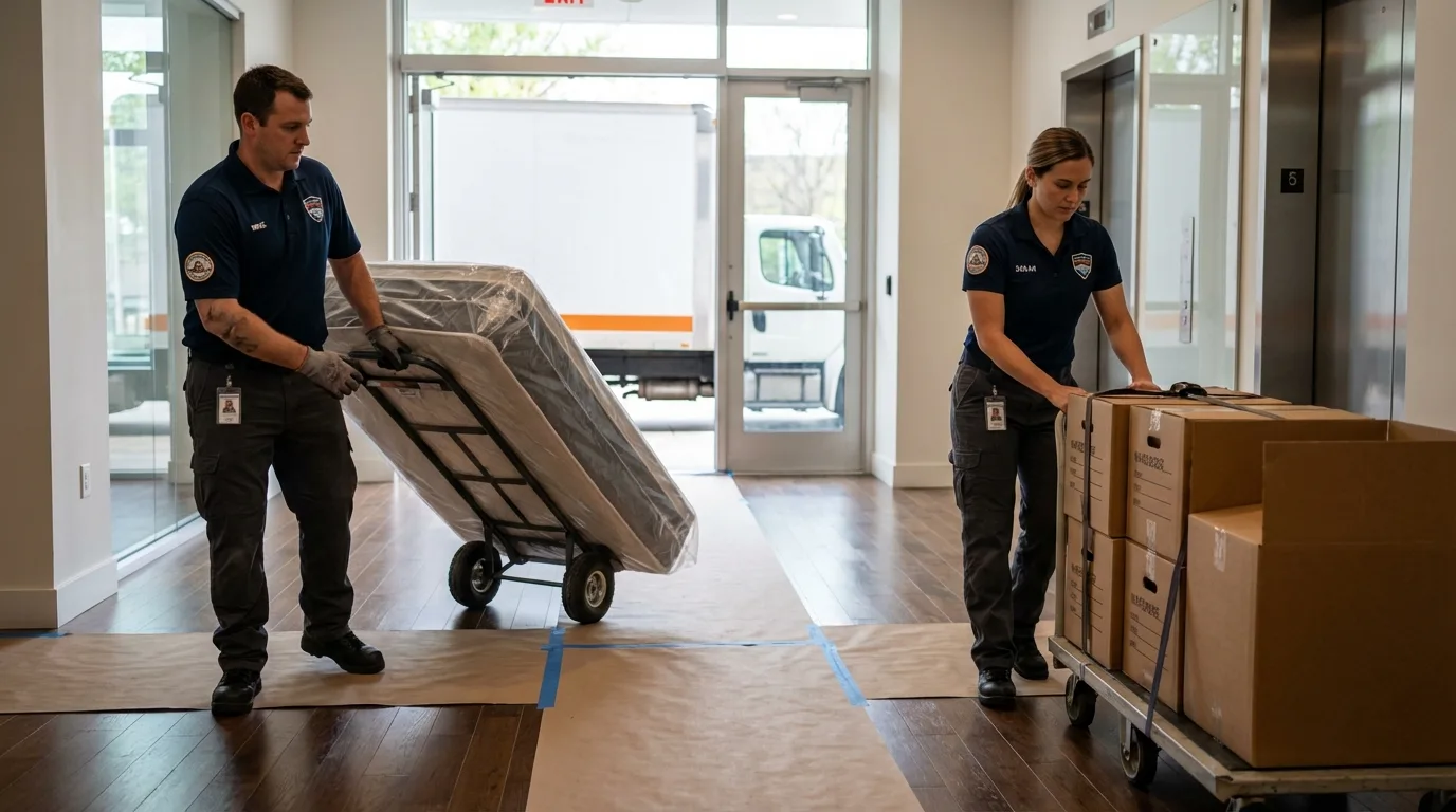 Professional apartment movers loading elevator in Putnam, CT